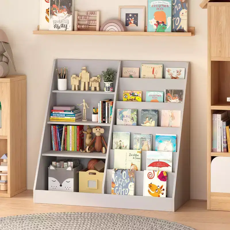 Okak 4 Tier Multifunctional Kids Bookshelf Toy Storage Organizer,Wooden Kids Bookcase with Display Stand for Kids Bedroom,Playroom