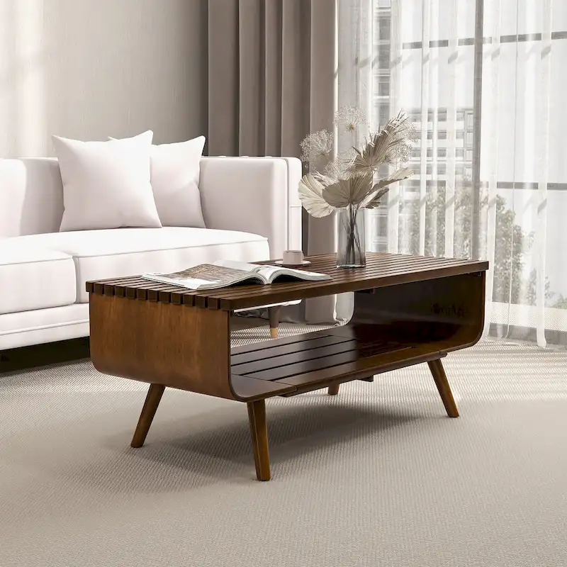 Adelina Mid-Century Rectangular Solid Wood Coffee Table in Brown