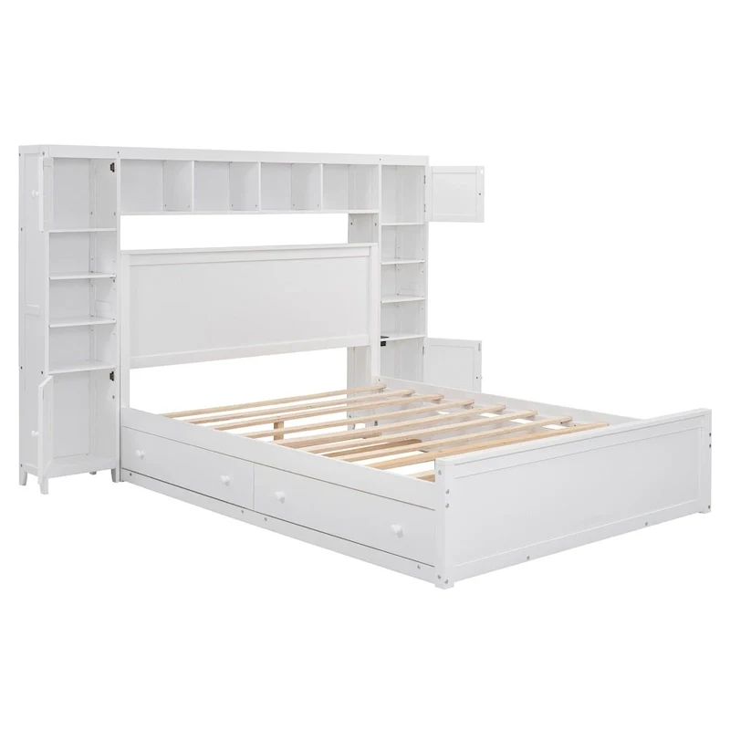 Modern Wooden Bed with Cabinet, Shelf, and Sockets