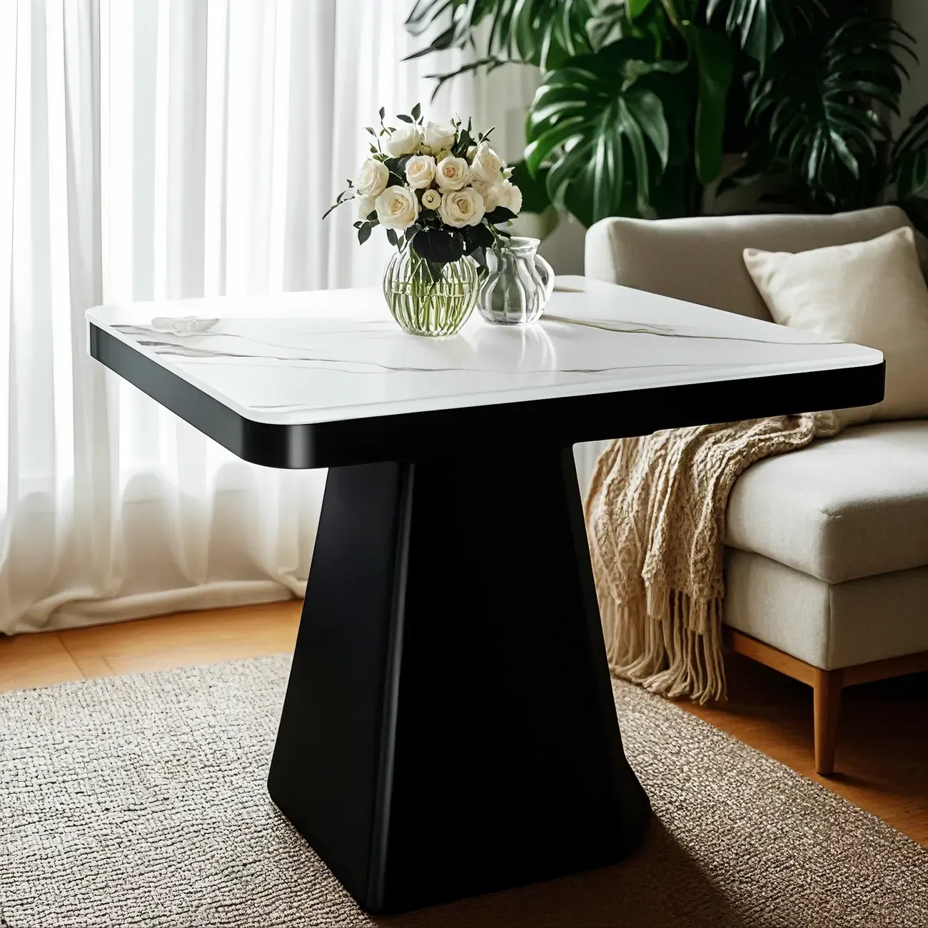 Black Square Marble Top End Table for Living Room