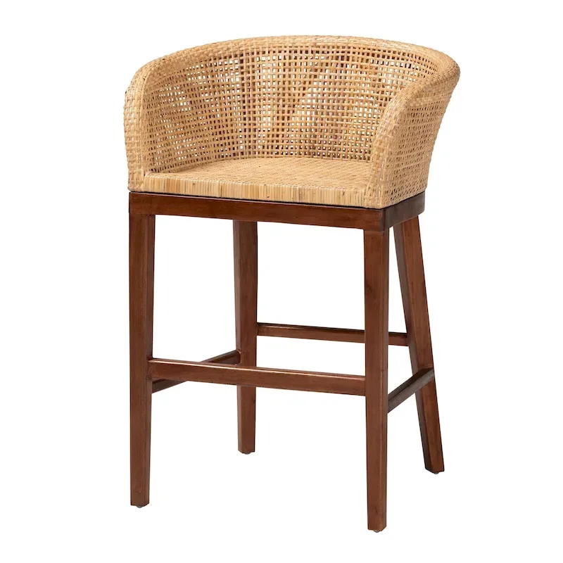 Walnut / Antique White Rattan & Acacia Wood Counter Stool, 1-Seat