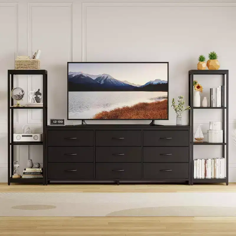 TV Stands Dresser with 9 Fabric Drawers, Large Entertainment Center with 2 Industrial 4-Tier Shelves, Modern TV Console Cabinet for Living Room