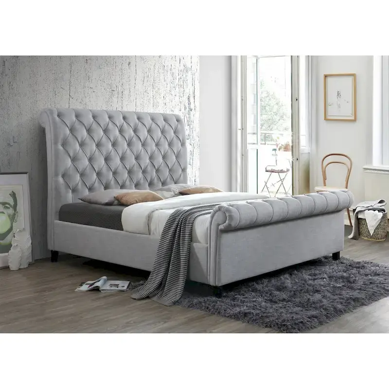 Gray Fabric Tufted Sleigh Platform Bed with Slatted Base – Classic Style, Queen / King, Sleeps 1–2