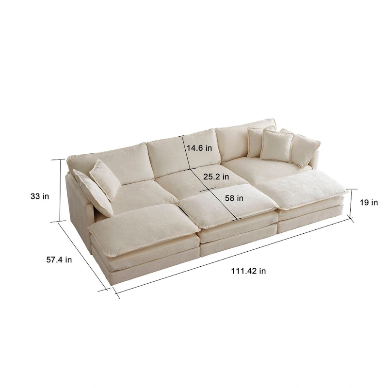 6-Seater U-Shape Sectional Sofa with 3 Ottomans and Pillows