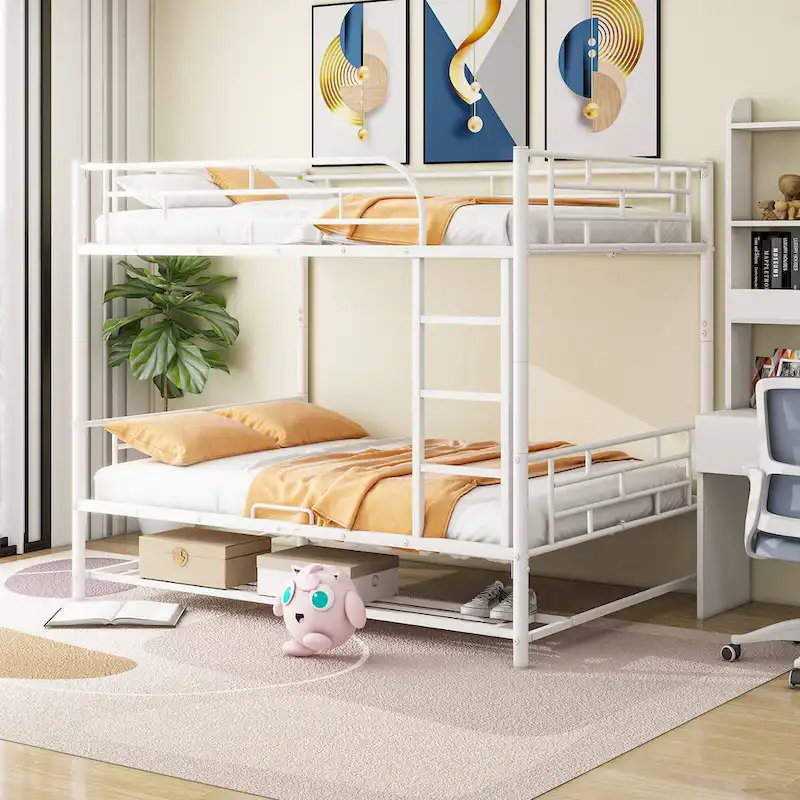 White Full over Full Metal Bunk Bed with Shelf & Guardrails, Sleeps 2