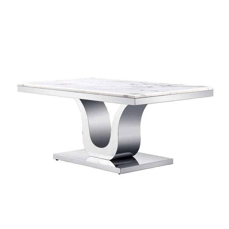 White Coffee Table with Stainless Steel Silver U Base and 48 smooth white textured top For Living Room