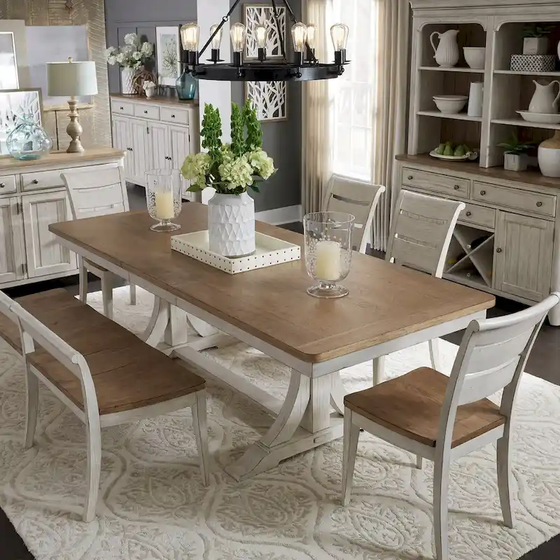 Farmhouse Reimagined Antique White with Chestnut Trestle Table