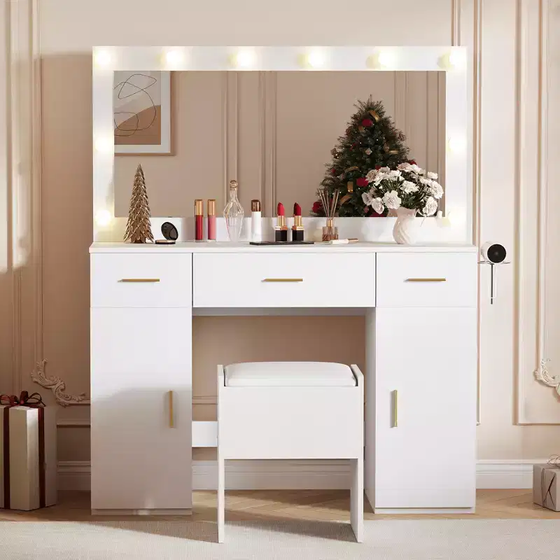 Makeup Vanity Desk with Mirror, Modern White Vanity Table with Drawers, Storage Stool, Wood Make Up Vanity Set for Bedroom Apartment