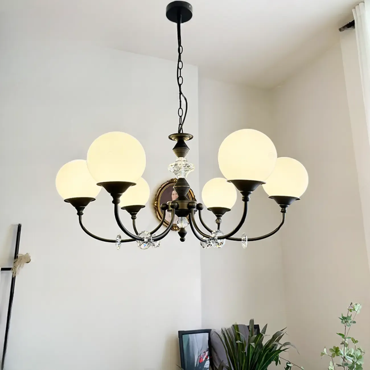 Modern Black 6-Light Glass Globe Chandelier with Crystal Accents