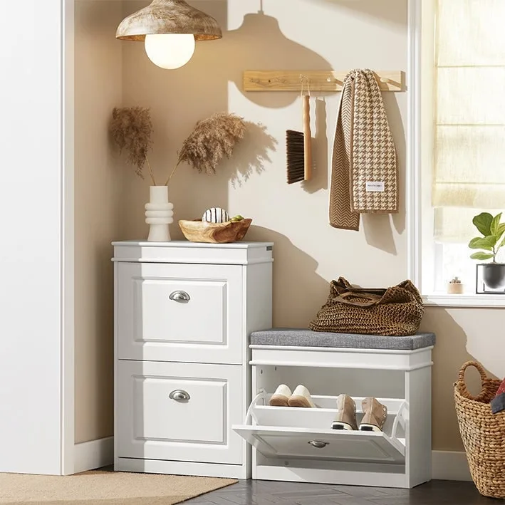 Hallway Shoe Bench with Flip Storage & Padded Cushion, White/Black/Grey, MDF, 150kg