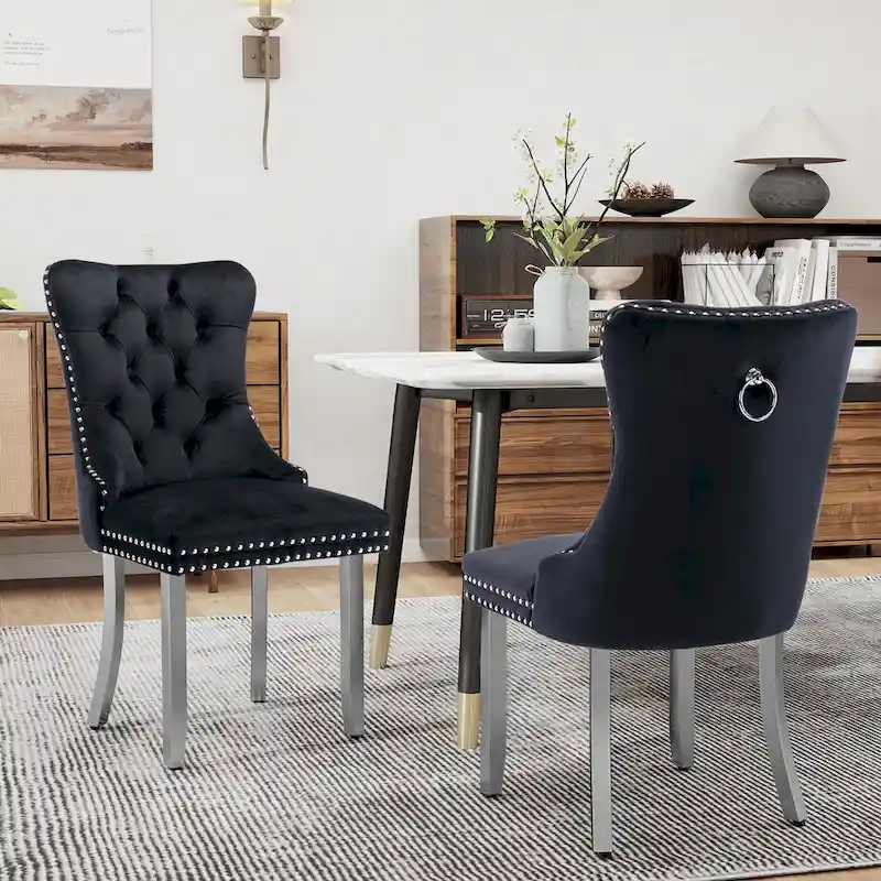 Velvet Dining Chairs Set of 2, Tufted Dining Room Chairs with Button Back, Nailhead Trim, Upholstered Kitchen Side Chairs