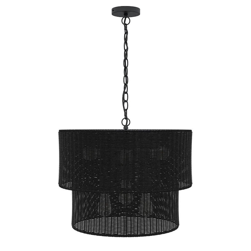 Farmhouse Matte Black Hand-Woven Rattan Craft Pendant Light