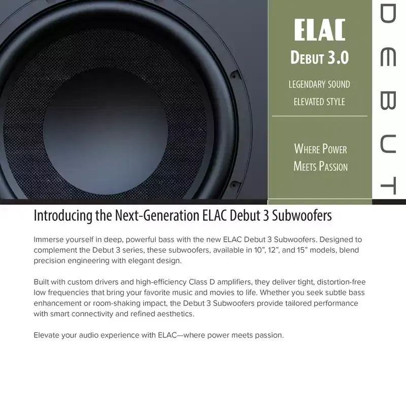 ELAC DS123-BK 12 Debut 3.0 Powered Subwoofer  400W Peak Class D, Sealed Cabinet, 28Hz Low-Frequency Extension, LFE & High-Level Inputs  Black As...