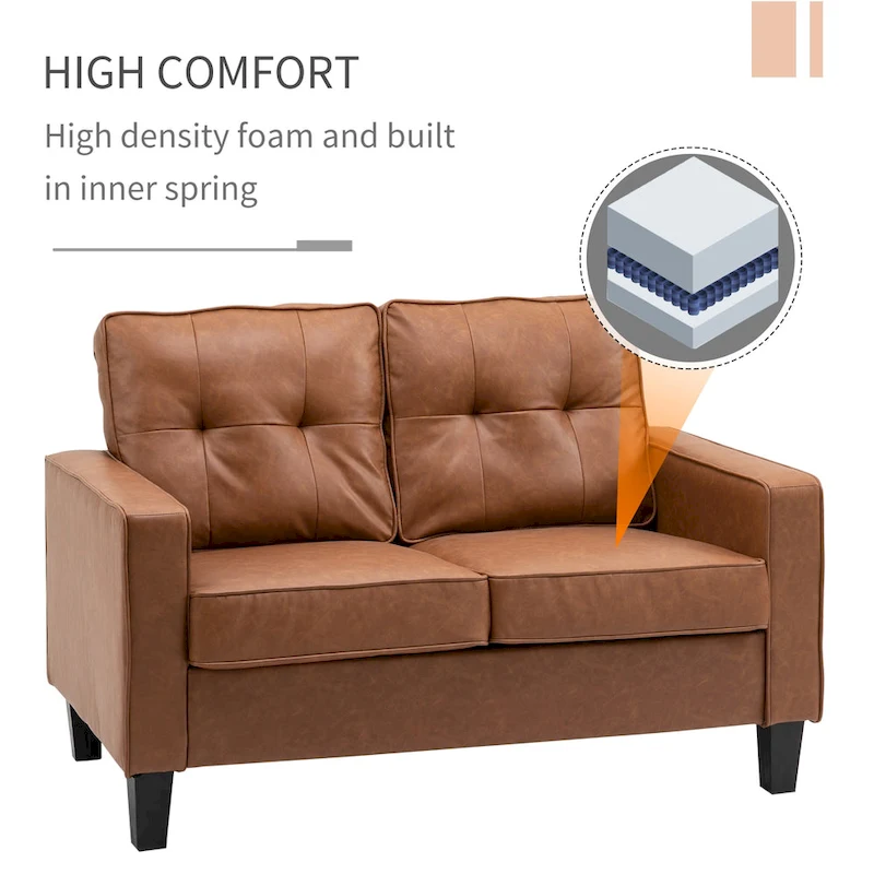 HOMCOM 51  Wide Double Sofa with Armrest, 2-Seater Tufted PU Leather and Pocket Spring Sponge Padded Cushion, Brown