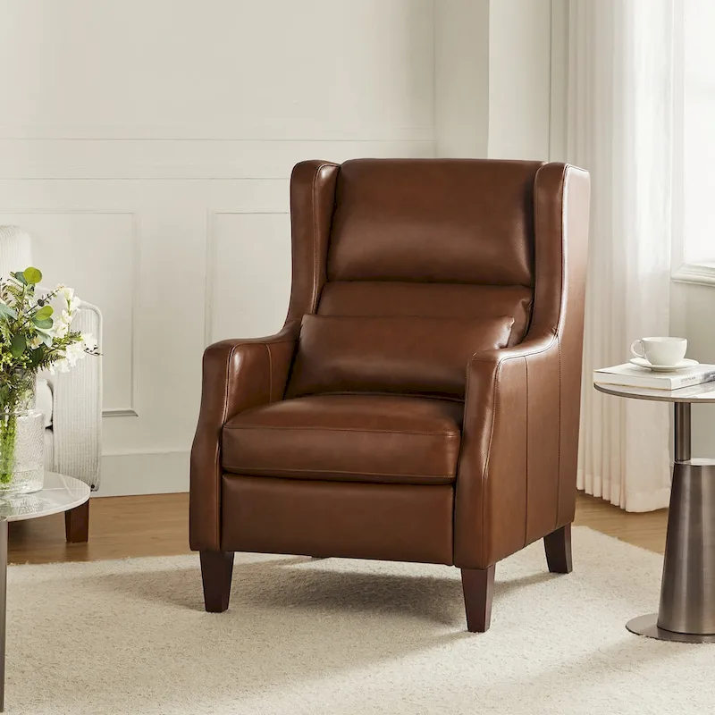 Genuine Leather Wingback Armchair with Pillow