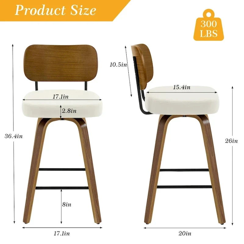 26-Inch Upholstered Swivel Counter Height Bar Stools - 36.4 H x 17.1 W x 20 D