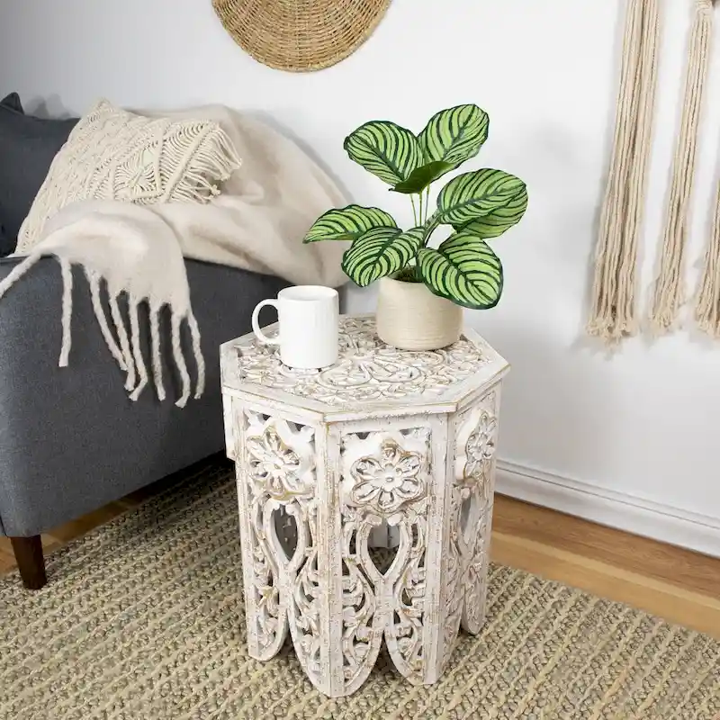 18 Antique White and Brushed Gold Carved Octagonal Side Table