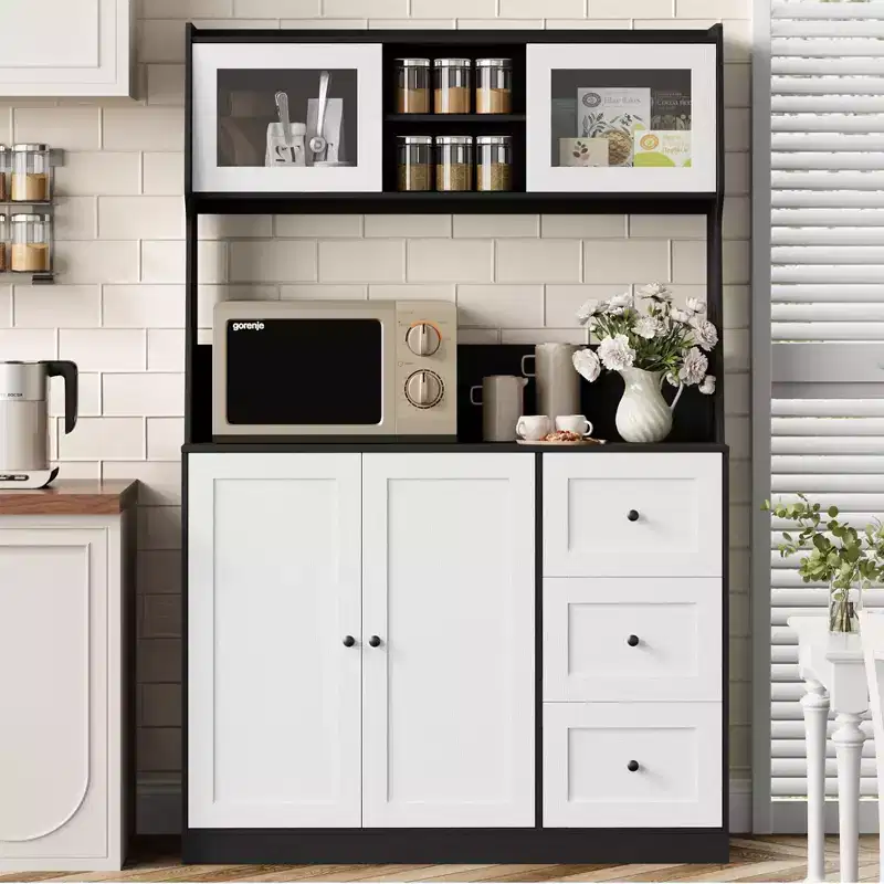 CuisinSmart 66.9 Tall Kitchen Hutch Storage Cabinet, Coffee Bar Cabinet with 3 Drawers & Lights, Freestanding Food Pantry Cabinet