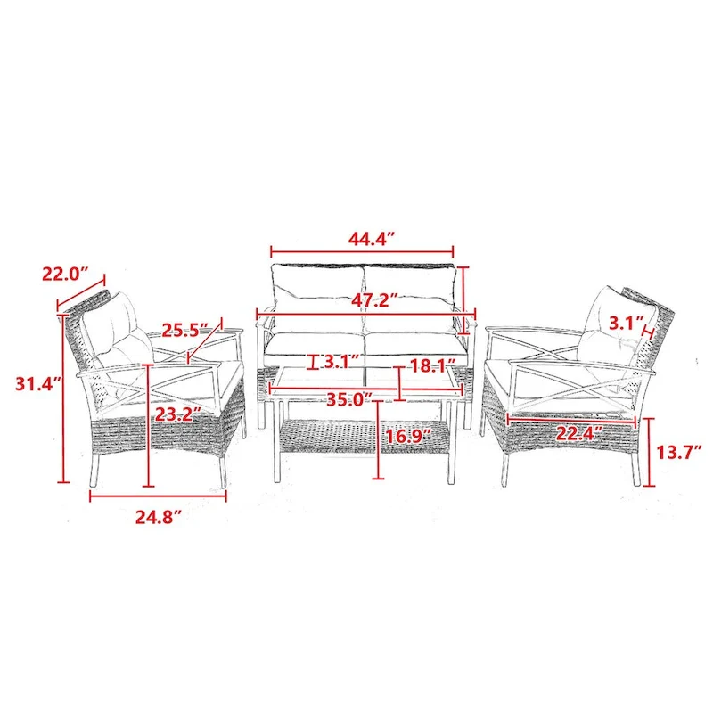 Grey Rattan Wicker Patio 4-piece Sectional Dining Conversation Sofa Set with Cushion, Steel Table Included