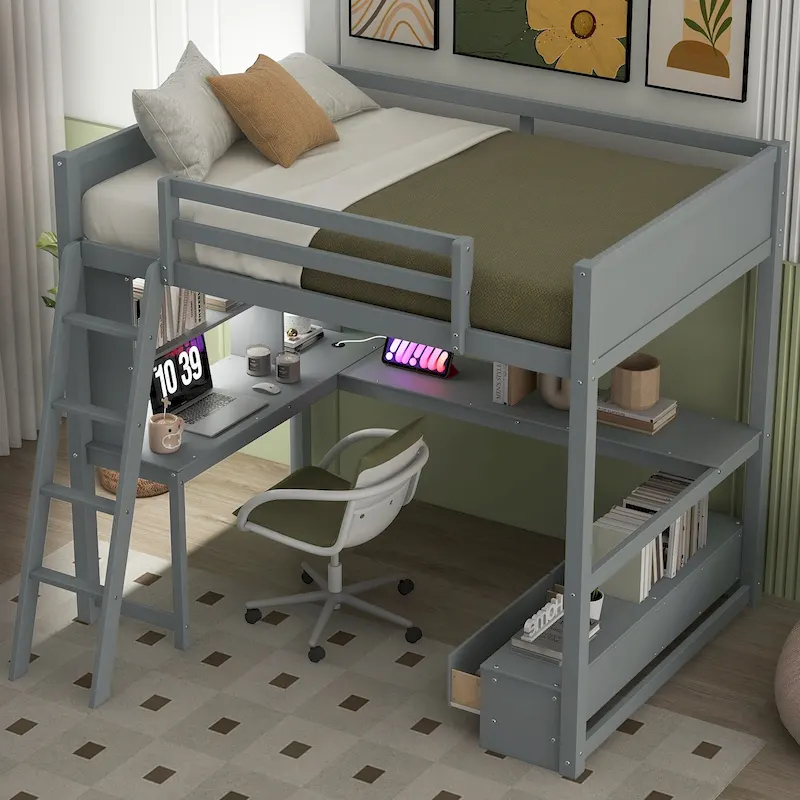 Full Size Loft Bed with L-shaped Multi-storage Desk, LED light & USB Charging Station, Wooden Loft Bed Storage Bench w/2 Drawers