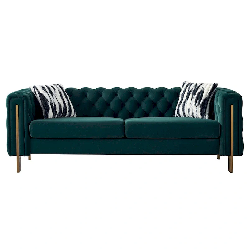 84.25 Luxurious Tufted Velvet Upholstered 3-Seater Sofa with Golden Metal Armrest Design and Buttoned Tufted Backrest