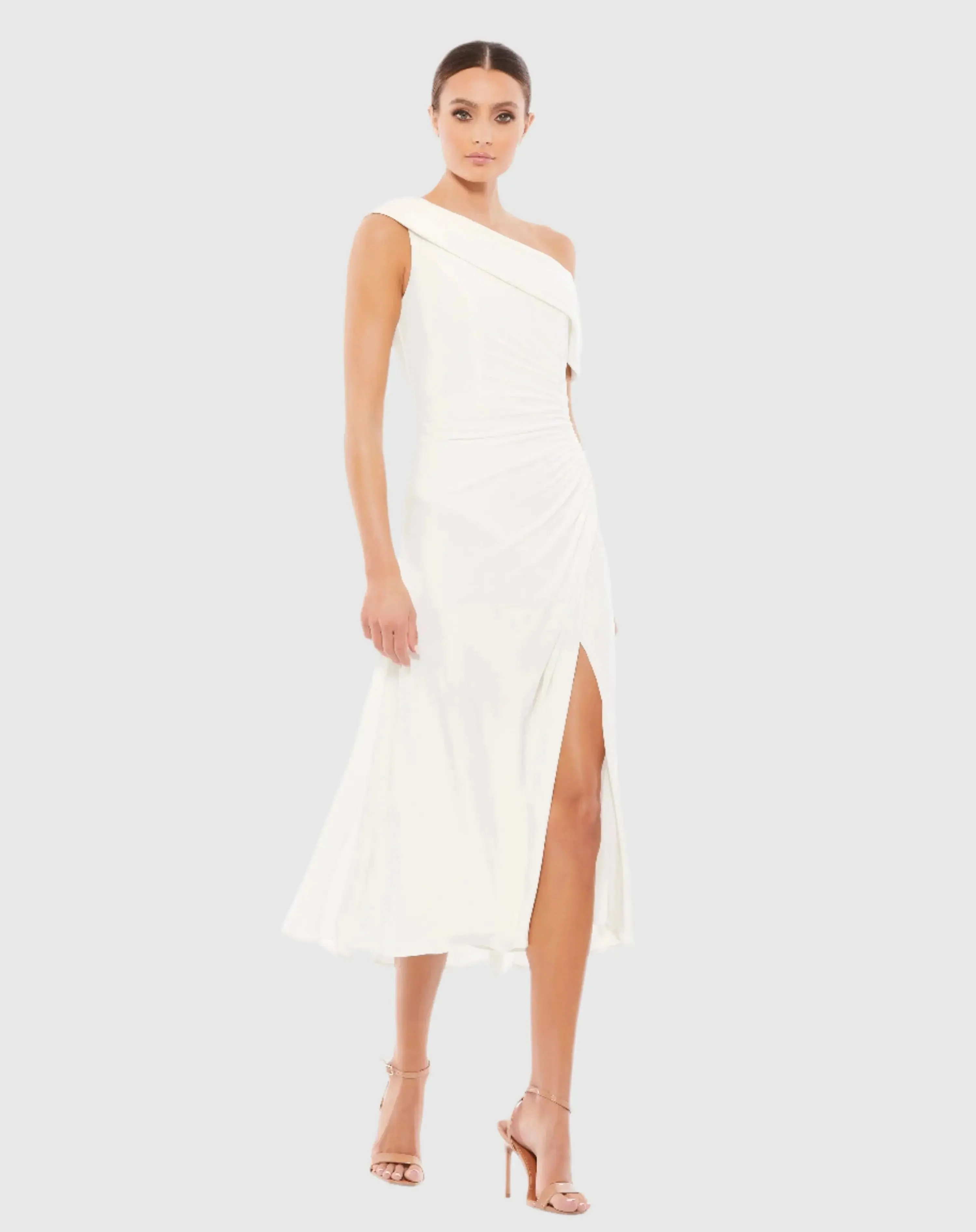 White Ruched Off-The-Shoulder Midi Dress