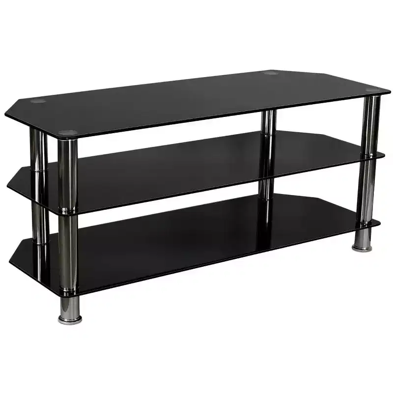 Mount-It! Glass TV Stand for Flat Screen Televisions Fits 40 - 60 Inch LCD, LED, OLED, 4K TVs | Three Tempered Glass Shelves | Black