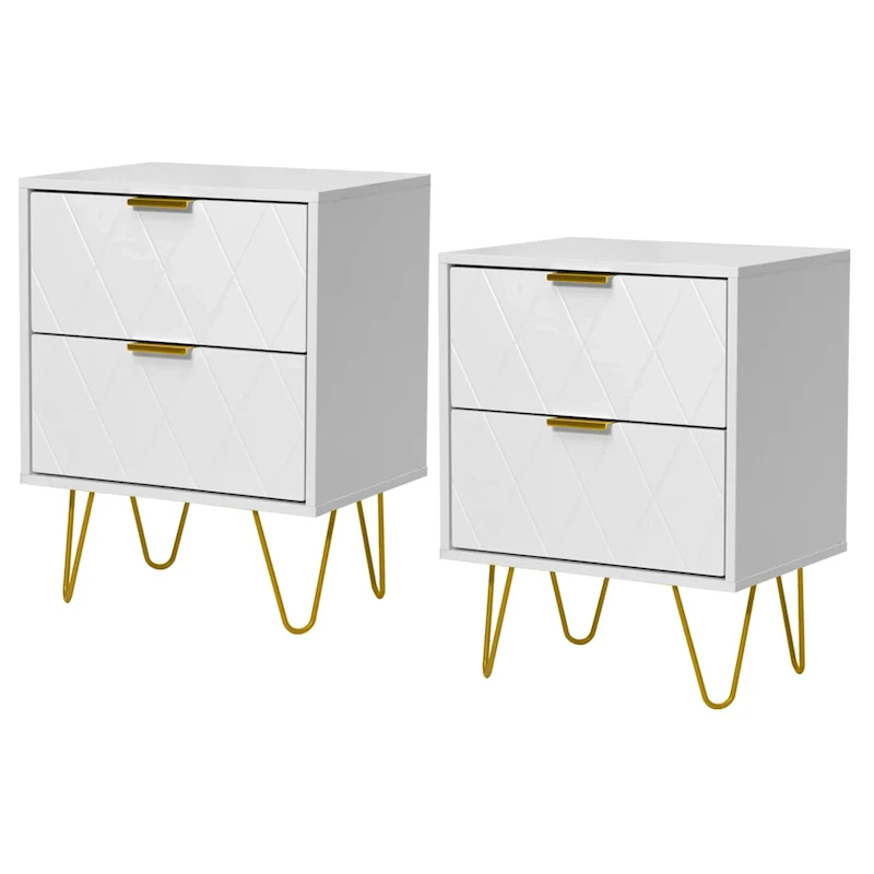 Set of 2 Nightstand 2 Drawer End Side Table Bedside Metal Legs Modern Bedroom Living Room