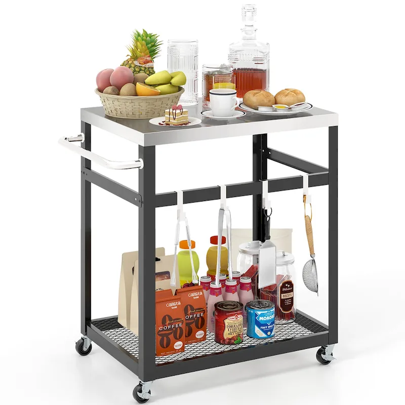 2-tier Stainless Steel Grill Cart w/ Wheels & Handle 4 Hooks
