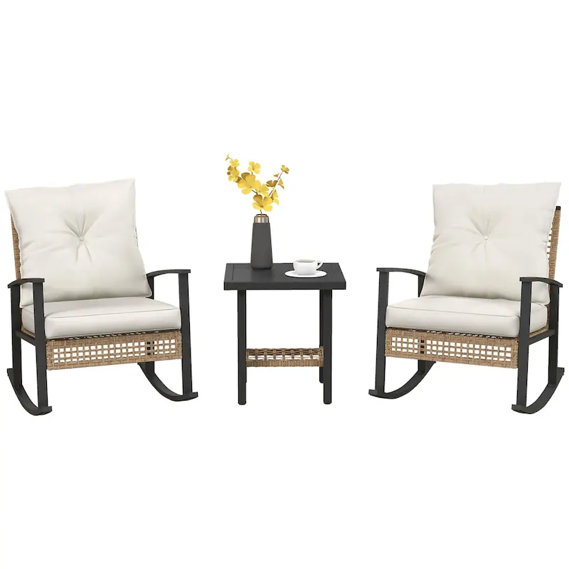 Outsunny 3 Piece Patio Bistro Set, Wicker Furniture Set with Button Tufted Cushions, Rattan Rocking Chairs and Coffee Table