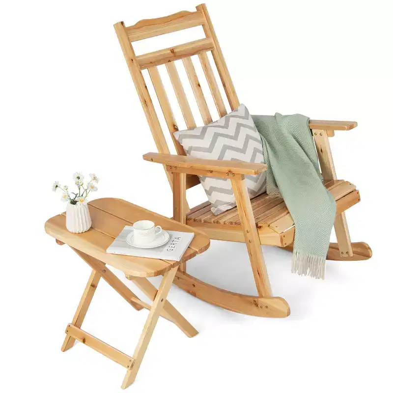 Costway 2PCSPatio Wooden Rocking Chair Bistro Set High Backrest with Folding Side Table