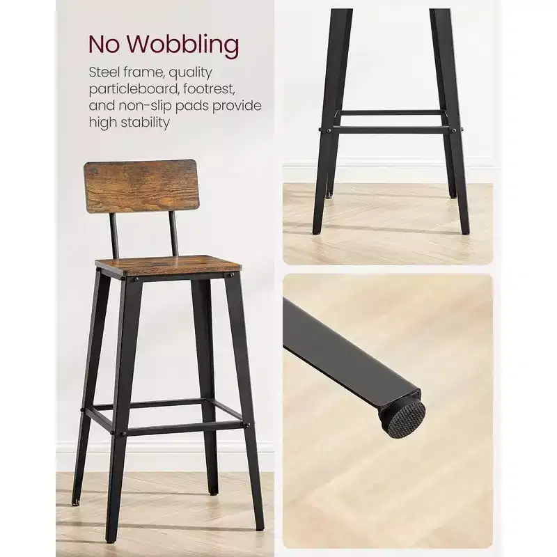 VASAGLE Set of 2 Bar Stools, Bar Height Stools, Tall Bar Stools with Back, Bar Chairs, Steel Frame, Industrial Style