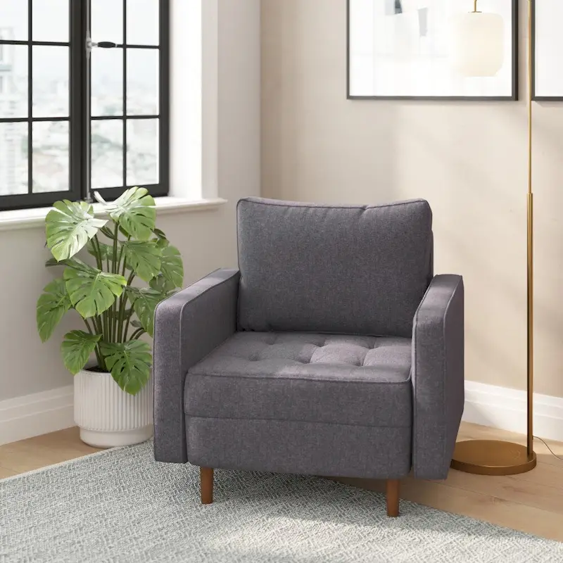 Dark Gray / Slate Gray Faux Linen Mid-Century Tufted Armchair with Solid Wood Legs – Single