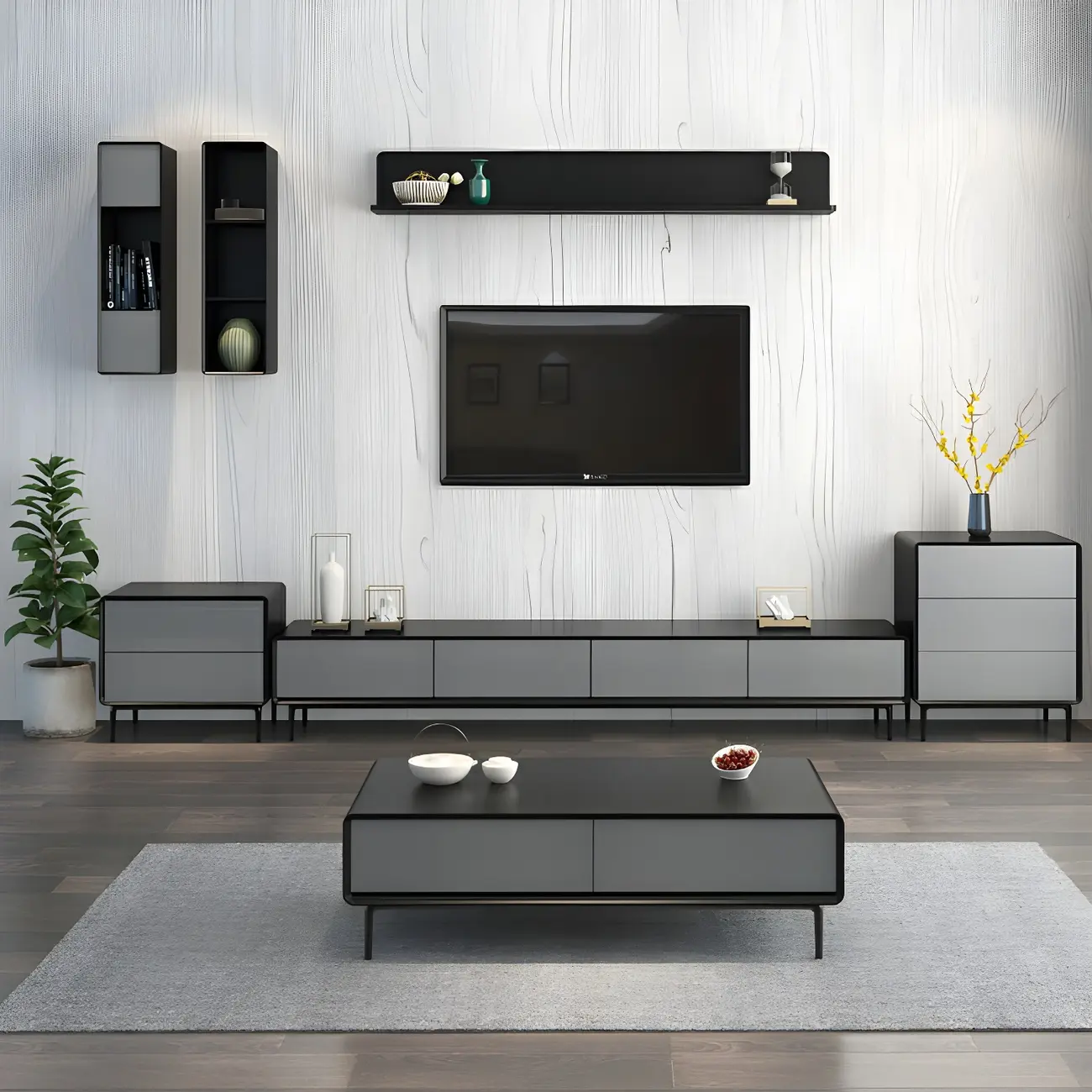 4-Drawer Elegant Grey Long Wooden TV Stand with Legs