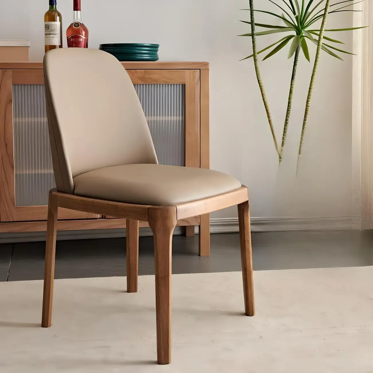 Cream Wood Faux Leather Solid Back Dining Chair