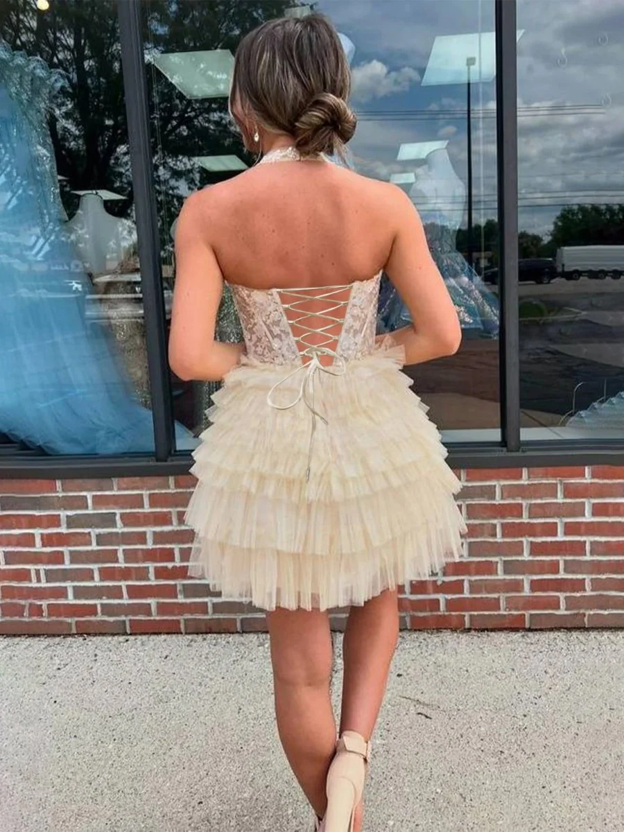 Champagne - A Line V Neck Tulle Tiered Homecoming Dresses With Appliques