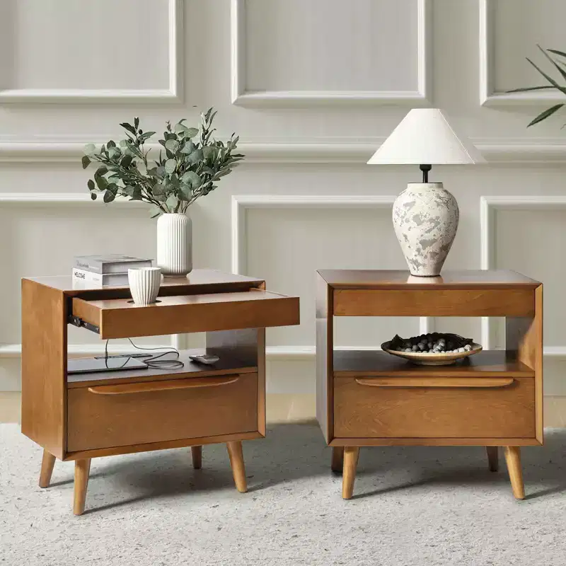 Phil 2 - Drawer end table with Integrated Charging Station and Pull-Out Tray Set of 2HULALA HOME