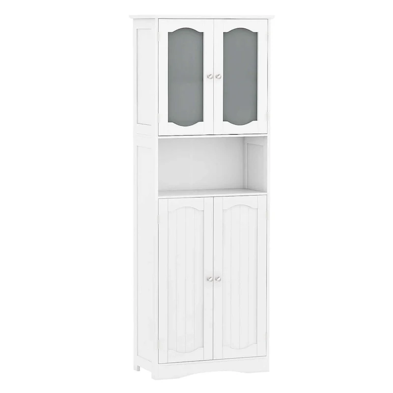 White/Black Tall Storage Cabinet with Frost Tempered Glass Doors, 1-Unit