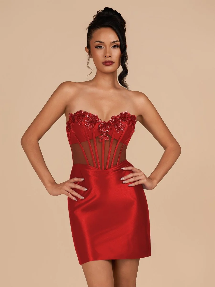 Red Bodycon Satin Sweetheart Corset Homecoming Dress with Sequined Flowers