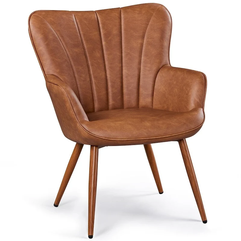Yaheetech Modern Faux Leather Accent Chair With Pleated Curved Back Upholstered Armchair, Retro Brown
