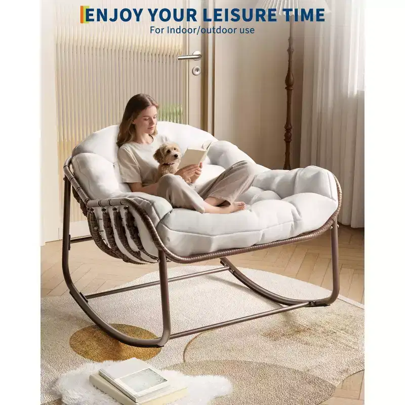 Large Indoor Outdoor Rocking Chair, Oversized Rocking Papasan Chair with Thick Cushion and Frame Outdoor Rocker, Comfy Wicker Egg Chairs Lounge