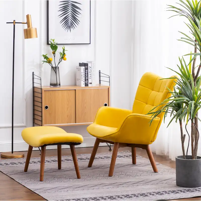 Velvet Tufted Wingback Accent Chair with Ottoman – Yellow / Mauve / Blue / Grey, 1-Person