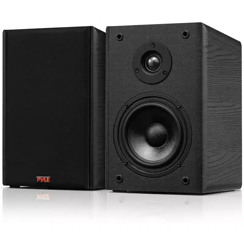 Pyle 5.25 Home Theater Wooden Bookshelf Speakers - 2 Way HiFi Sound with Built-in Wall Mount (Pair) - Black