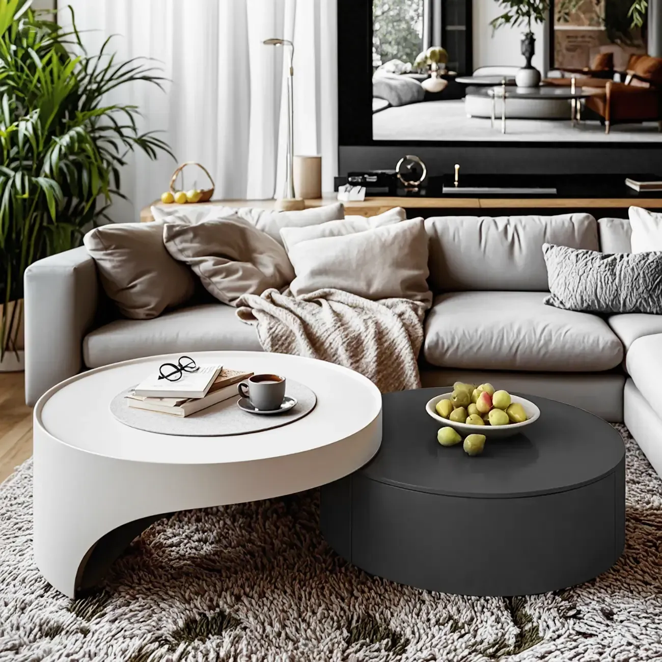 Grey Round Modern Wood Drawer Coffee Table