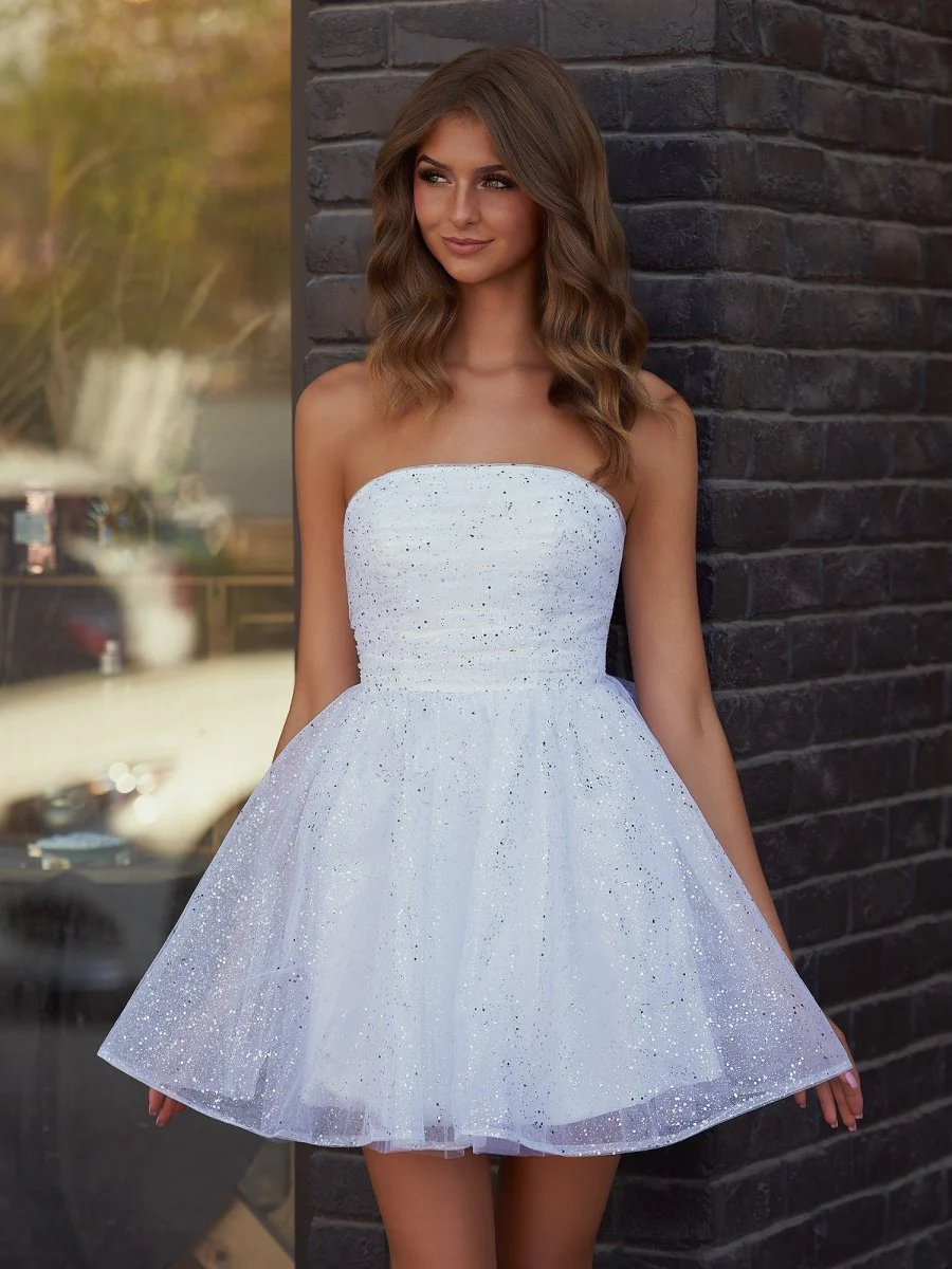 White - A Line Strapless Glitter Tulle Ruffled Homecoming Dresses with Bow