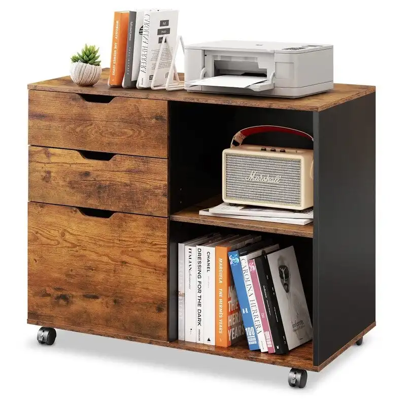 Rustic Brown / Black / Greige / White Mobile 3-Drawer Filing Cabinet with Open Shelves