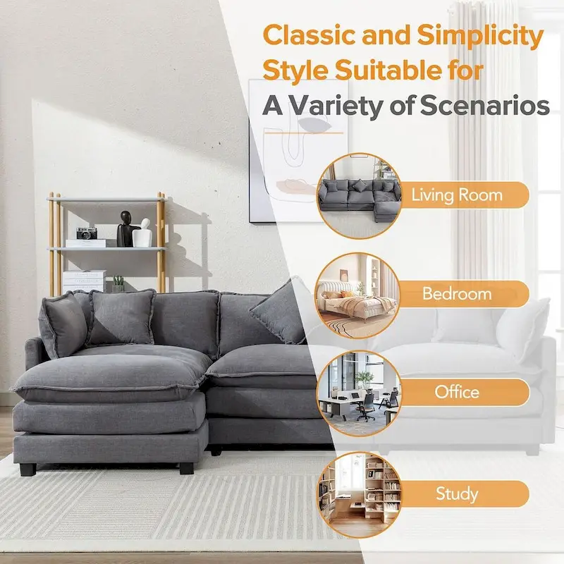 112 Modern L-Shape Chenille Upholstered Sofa with 5 Pillows