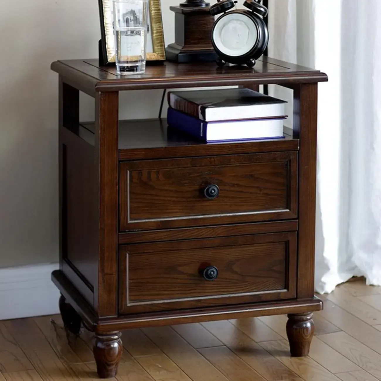 Traditional Brown Wood Nightstand with Drawers and Open Storage
