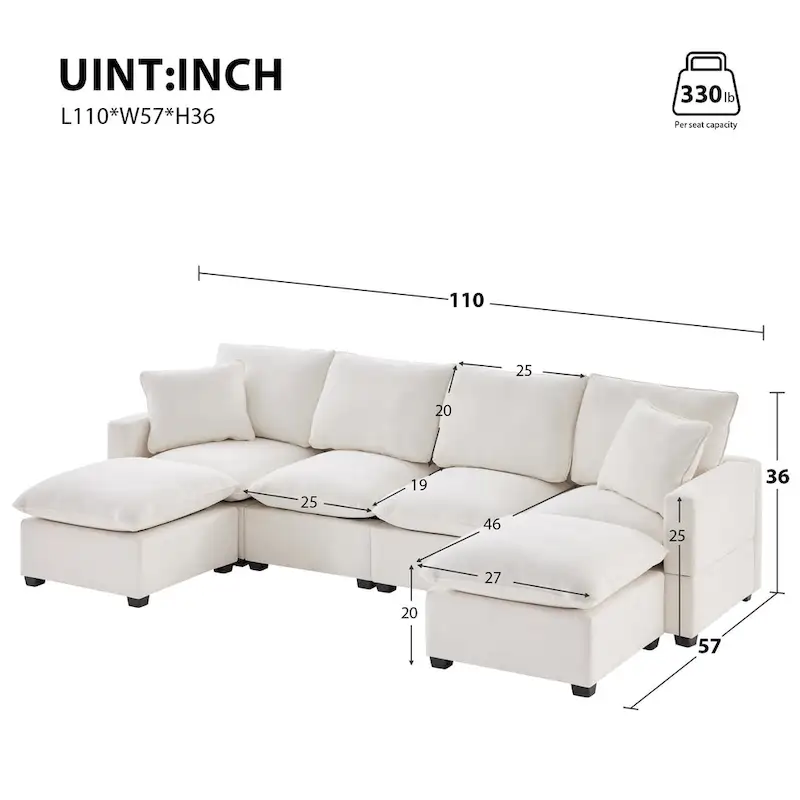 U Shape Modular Sofa, 6 Seat Chenille Deep Seat Sectional Couch