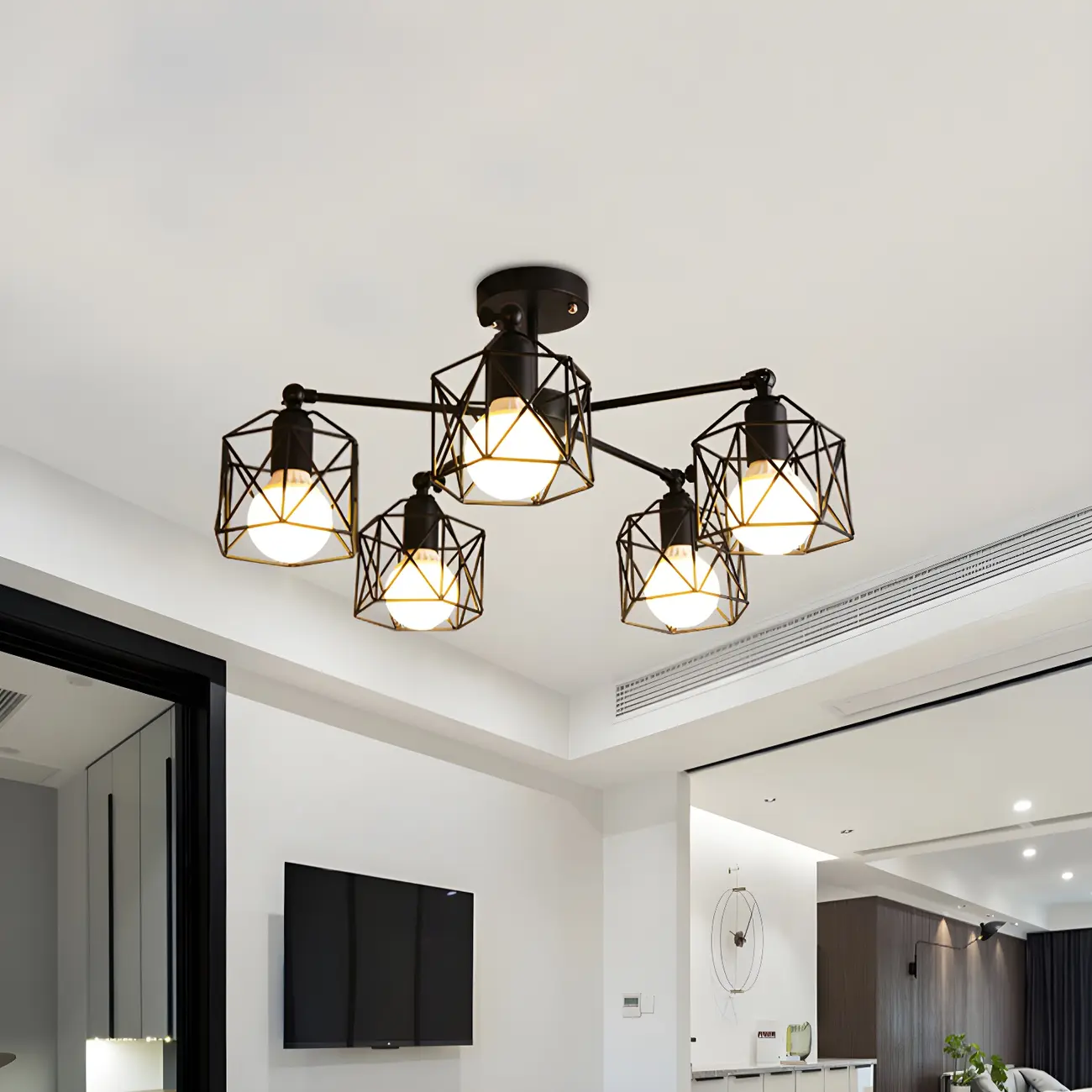 Industrial Black Metal Semi-Flush Ceiling Light in 3/5-Light